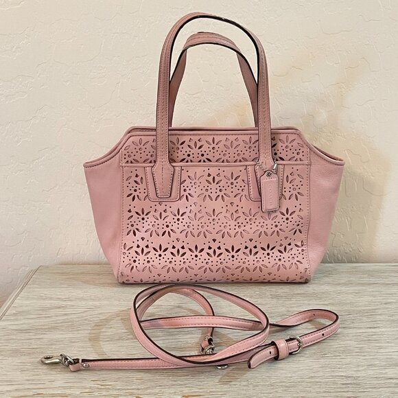 Coach Taylor Bette Mini Tote Crossbody Strap Pink Eyelet Leather Bag - Picture 1 of 12